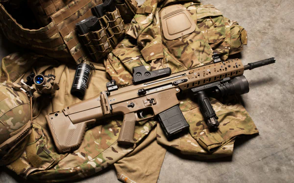4K Ultra HD desktop wallpaper featuring a man-made FN SCAR rifle displayed on tactical military gear.