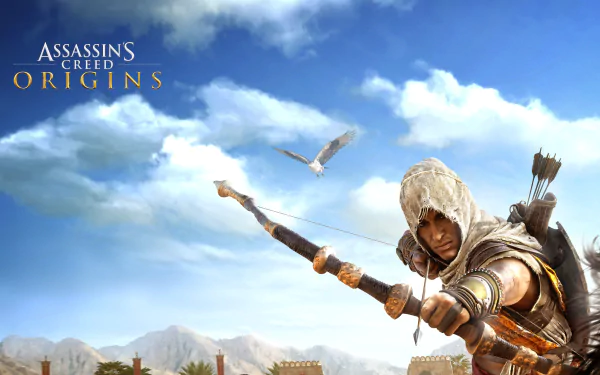 Bayek of Siwa aiming his bow against a bright sky in an 8K Ultra HD Assassin's Creed Origins video game wallpaper for PC desktop background.