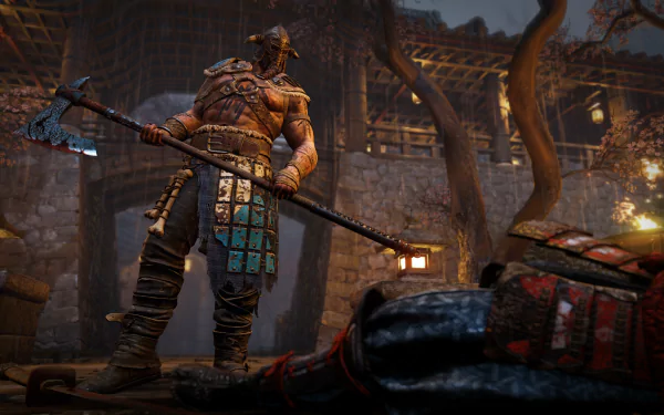 Viking warrior wielding a bloodied axe stands over a fallen foe in For Honor — cinematic video game 8K Ultra HD PC desktop wallpaper/background.