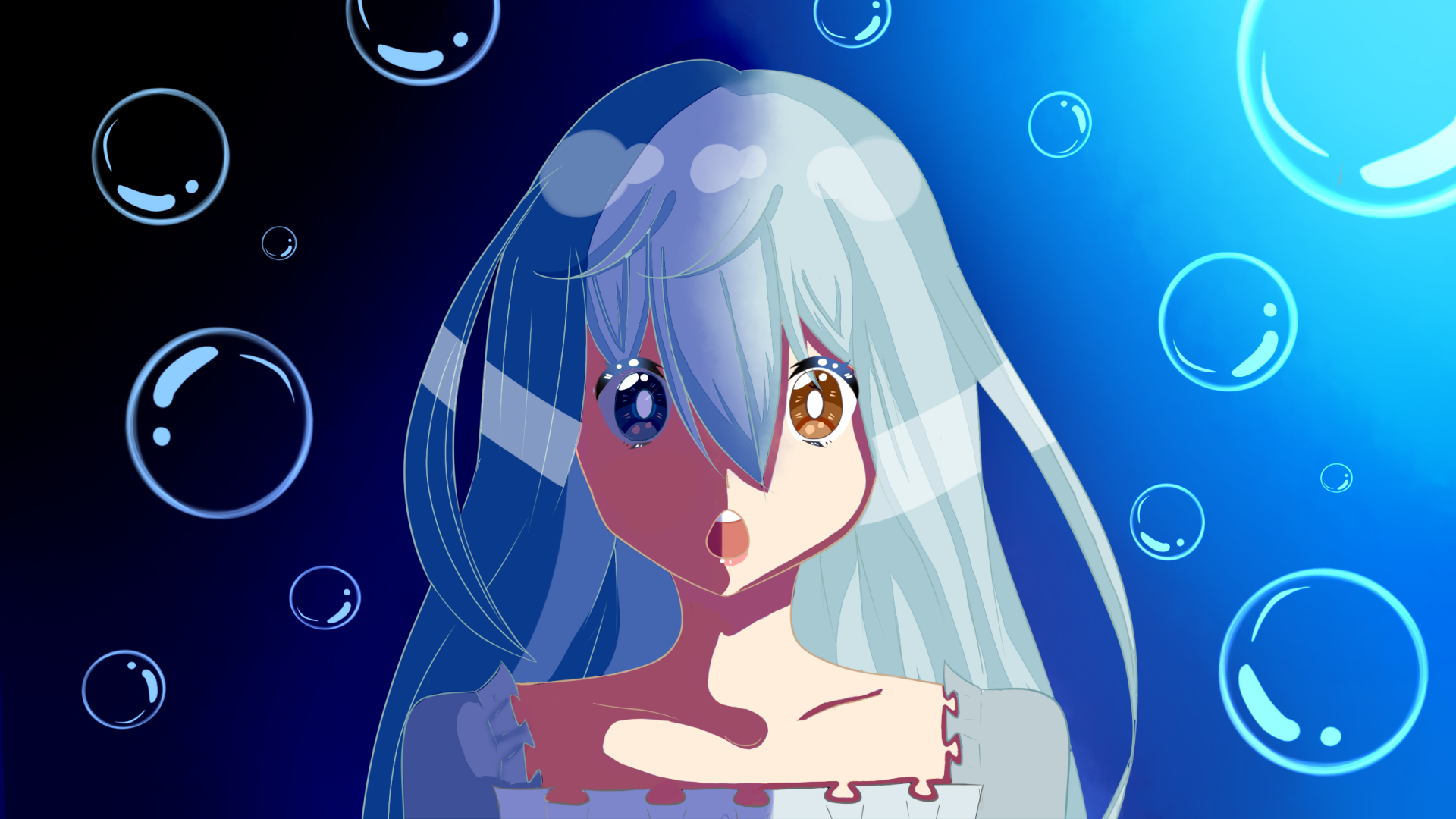 HD anime desktop wallpaper featuring an original character with long light blue hair and striking heterochromia, surrounded by glowing bubbles against a deep blue background.