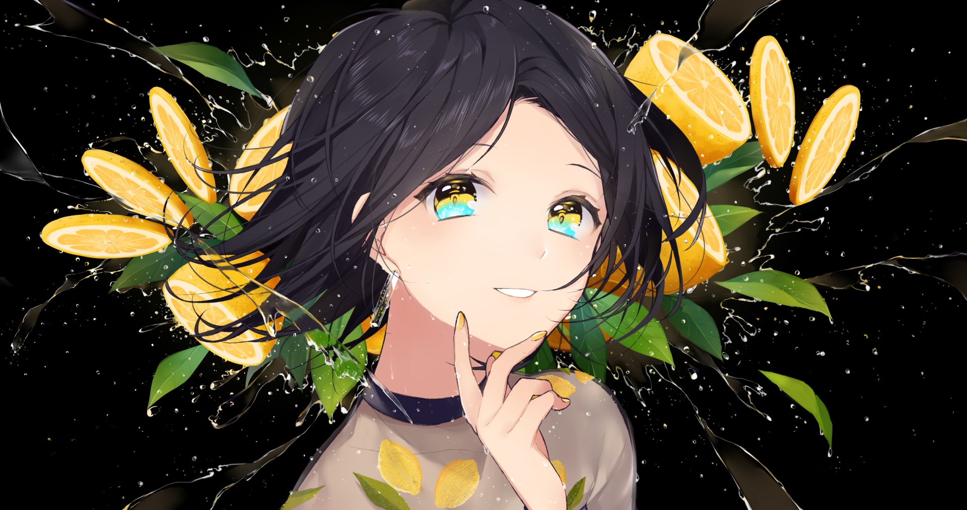 Anime-style original artwork of a smiling character with short black hair and bright yellow eyes, surrounded by lemon slices, rendered in 4K Ultra HD for PC wallpaper.