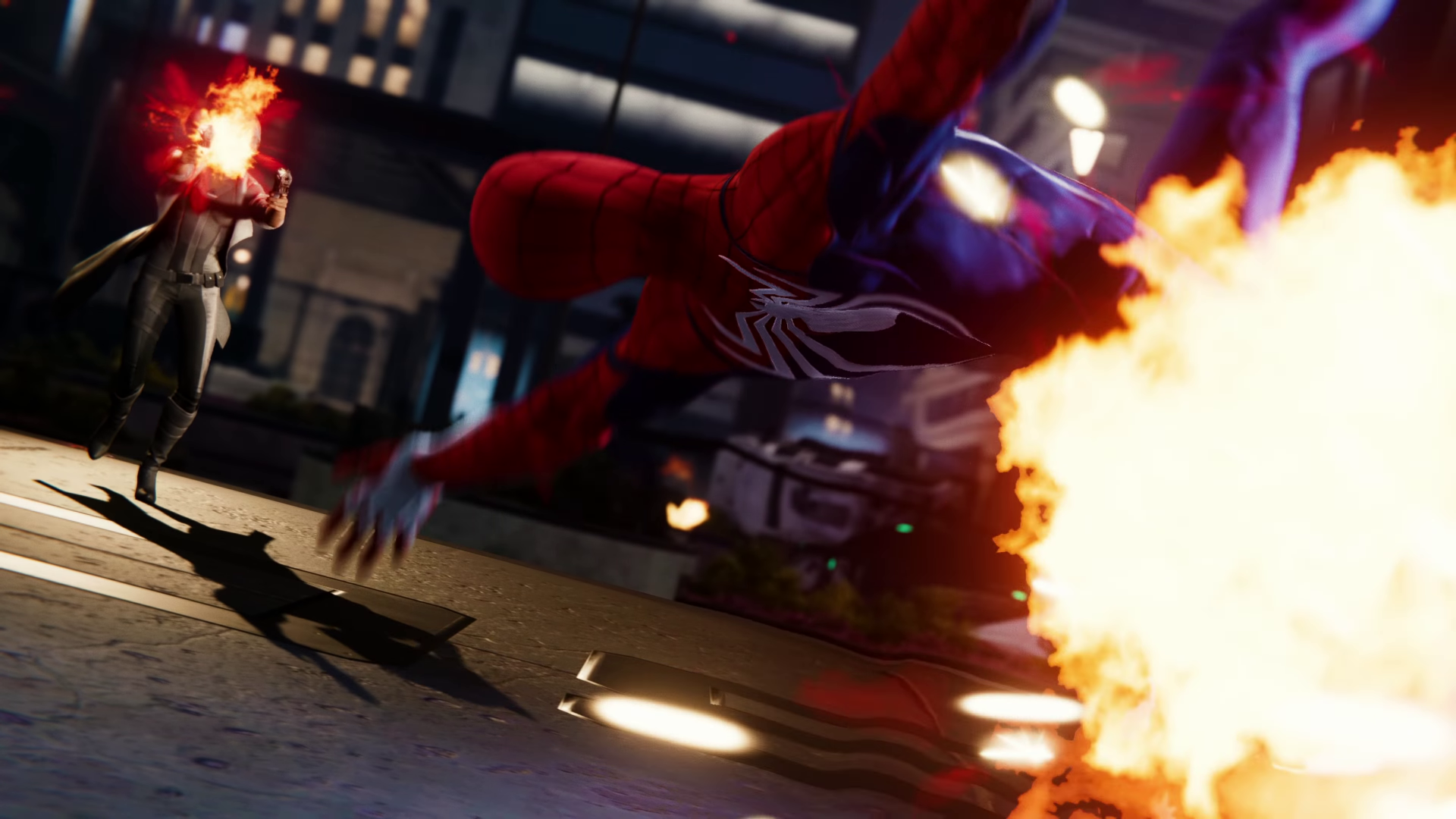 Spider-Man in action from the Spider-Man (PS4) video game, captured in a dynamic 4K Ultra HD PC desktop wallpaper showcasing intense city combat.