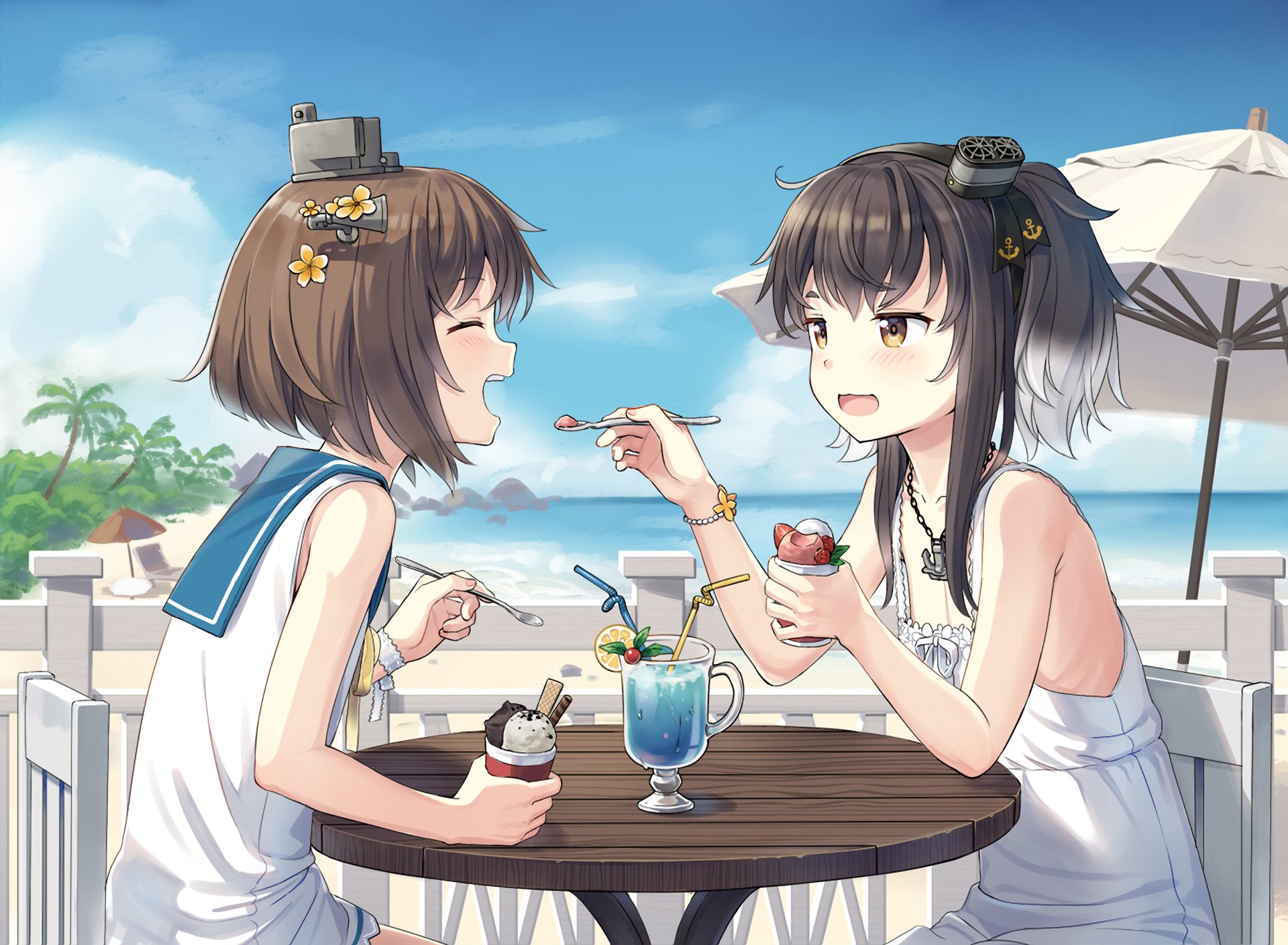 HD anime wallpaper featuring Tokitsukaze and Yukikaze from Kantai Collection enjoying desserts by the seaside, with a bright blue sky and ocean background.