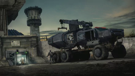 Futuristic prison vehicle stationed outside a high-security guard tower, set against a dramatic sci-fi sky in an HD PC desktop wallpaper.