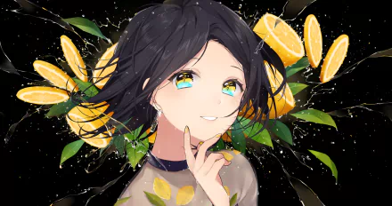 Anime-style original artwork of a smiling character with short black hair and bright yellow eyes, surrounded by lemon slices, rendered in 4K Ultra HD for PC wallpaper.
