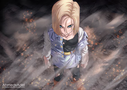 HD desktop wallpaper of Android 18 from Dragon Ball Z. The anime character with blonde short hair, blue eyes, and wearing a skirt, belt, pantyhose, and boots stands amidst glowing embers.