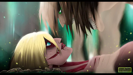 An intense HD anime desktop wallpaper from Attack on Titan featuring titan forms of Annie Leonhart and Eren Yeager locked in a close, dramatic confrontation.