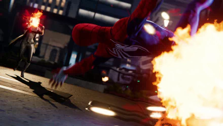 Spider-Man in action from the Spider-Man (PS4) video game, captured in a dynamic 4K Ultra HD PC desktop wallpaper showcasing intense city combat.