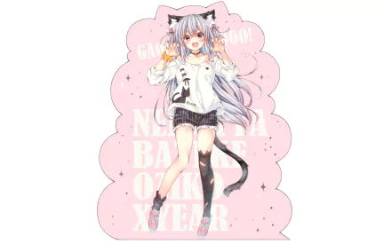 Anime-style original cat girl with long hair, wearing a white hoodie and black shorts, set against a pink, scalloped background in HD desktop wallpaper quality.