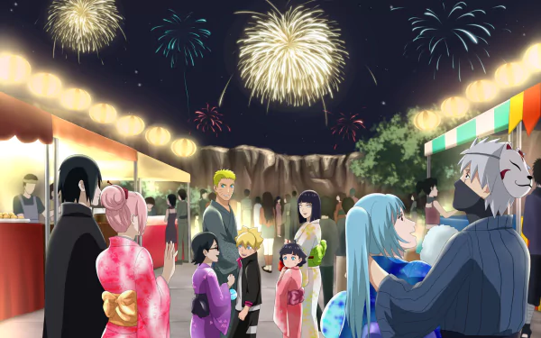 HD anime wallpaper featuring Naruto characters including Naruto Uzumaki, Sasuke Uchiha, Hinata Hyuga, Boruto, Sarada, Sakura, Kakashi, Himawari, and Mina celebrating under fireworks.