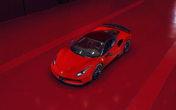 Top-down view of a red Ferrari 488 supercar on a glossy red backdrop — high-detail 4K Ultra HD PC desktop wallpaper showcasing the sports car vehicle.