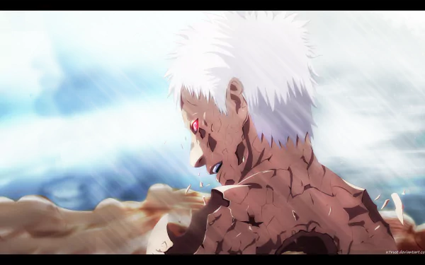 HD desktop wallpaper featuring Obito Uchiha from Naruto, showcasing his white hair and Sharingan eye, set against a dynamic background with intense artistic details.