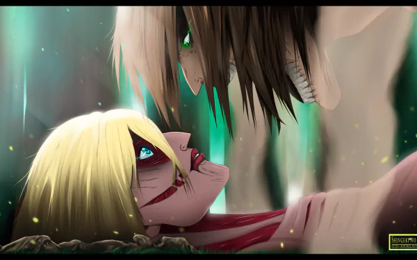 An intense HD anime desktop wallpaper from Attack on Titan featuring titan forms of Annie Leonhart and Eren Yeager locked in a close, dramatic confrontation.