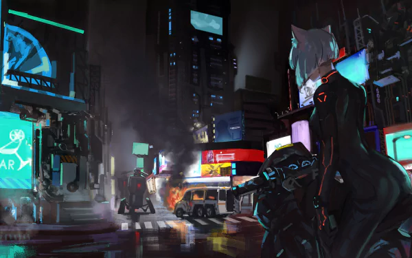 Anime-style cityscape at night featuring a short-haired white-haired cat girl on a bike, rendered in vibrant 4K Ultra HD for a striking PC desktop wallpaper.