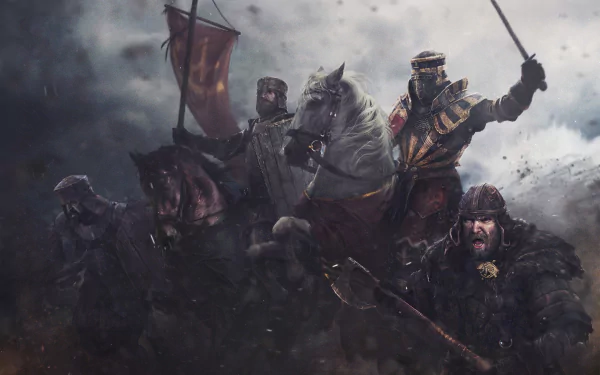 A group of fantasy warriors, clad in armor and wielding weapons, rides into battle on horseback, with a red banner fluttering in the background. This HD wallpaper evokes epic intensity and medieval valor.