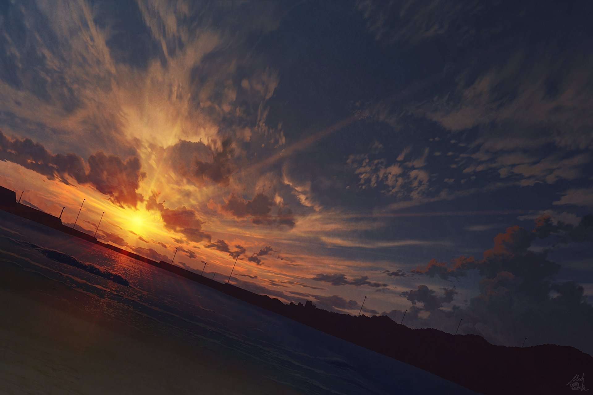 HD anime wallpaper depicting a breathtaking sunset over a serene landscape with dramatic clouds and vibrant colors.