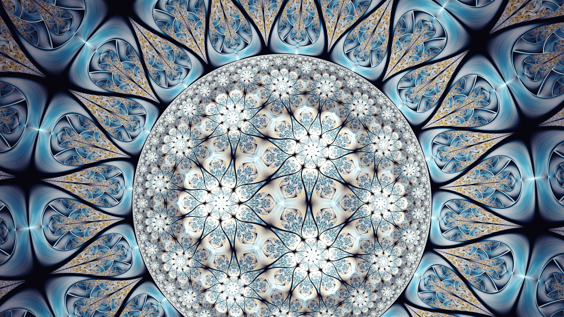 HD PC desktop wallpaper featuring an abstract fractal design with intricate, flower-like patterns in cool blue tones.