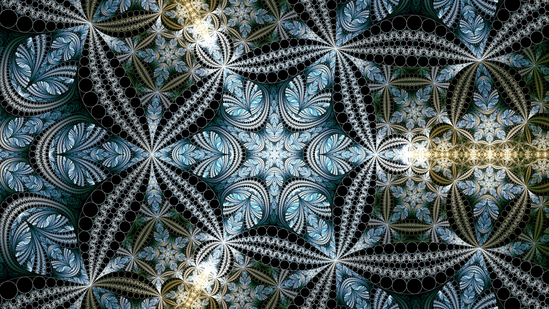 HD PC desktop wallpaper featuring an intricate abstract fractal pattern with symmetrical, icy blue and black designs accented by glowing light effects.