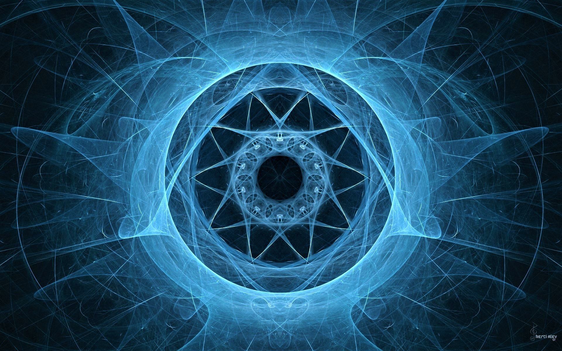 Abstract HD desktop wallpaper featuring a central blue sphere surrounded by intricate geometric shapes and patterns against a dark background.