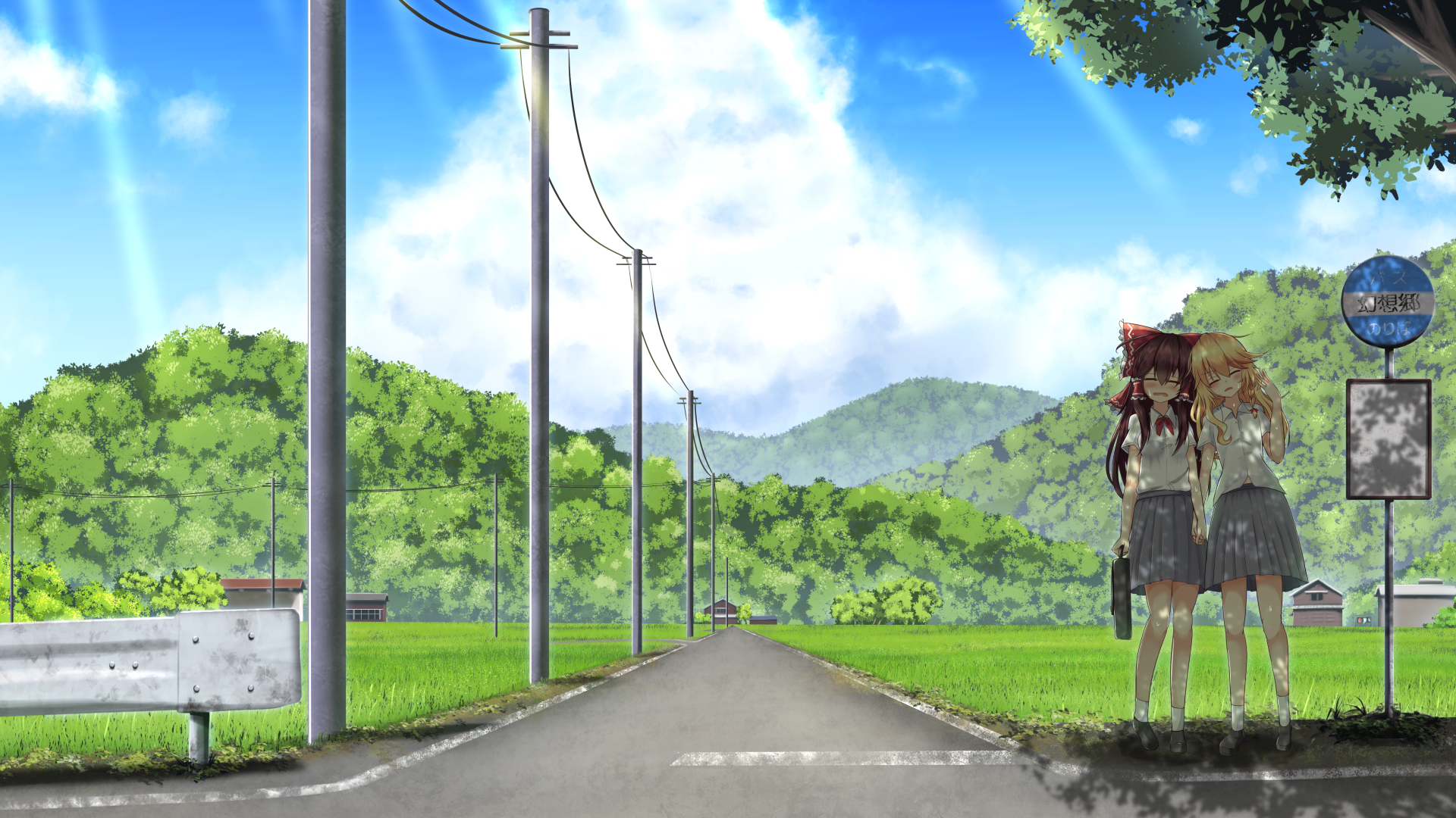 HD PC desktop wallpaper featuring Cirno, Reimu Hakurei, and Marisa Kirisame from Touhou standing by a rural road under a bright blue sky with lush green hills.