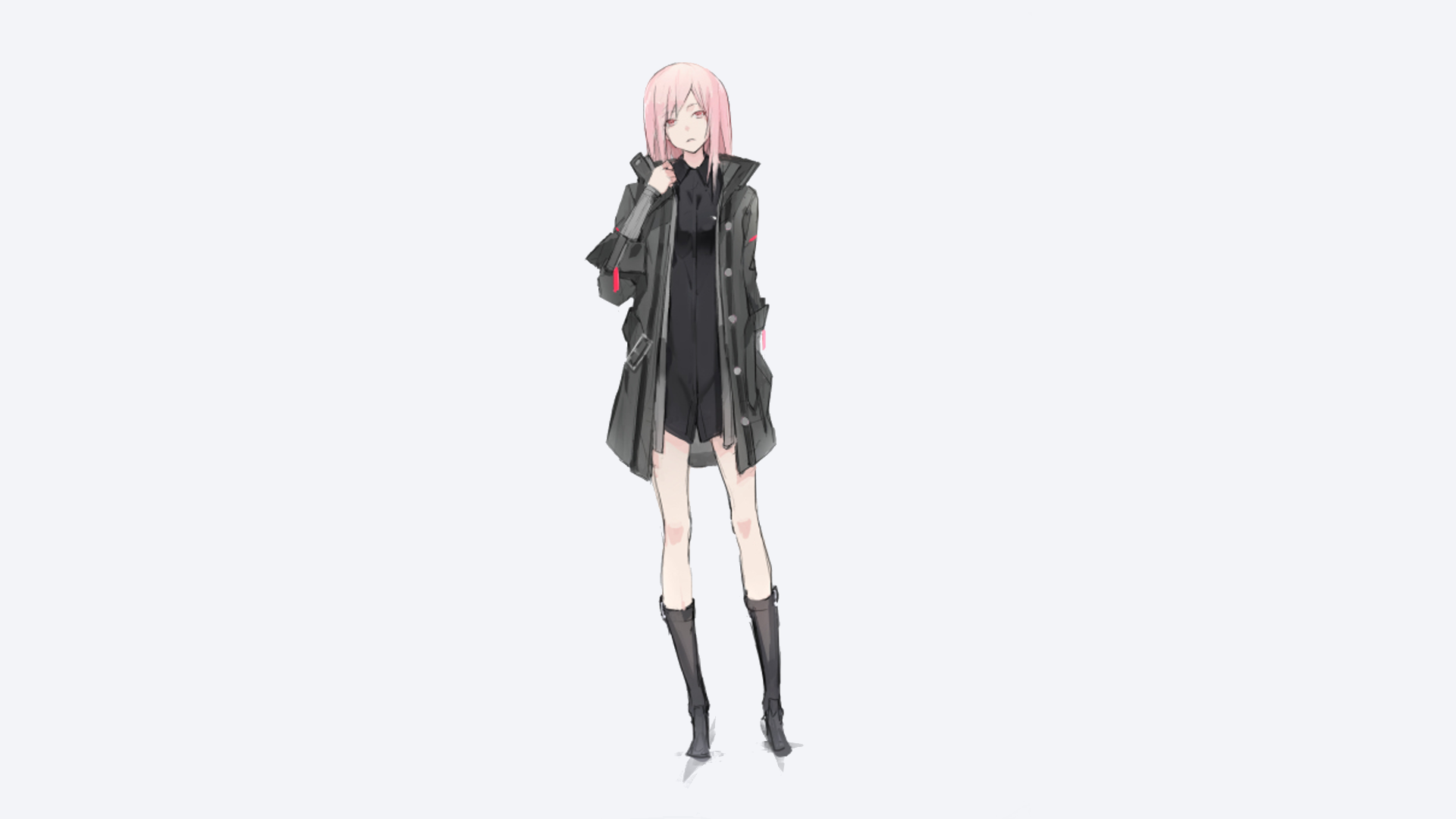 HD anime-style desktop wallpaper featuring an original character with pink hair, wearing a black outfit and boots, set against a minimal white background.