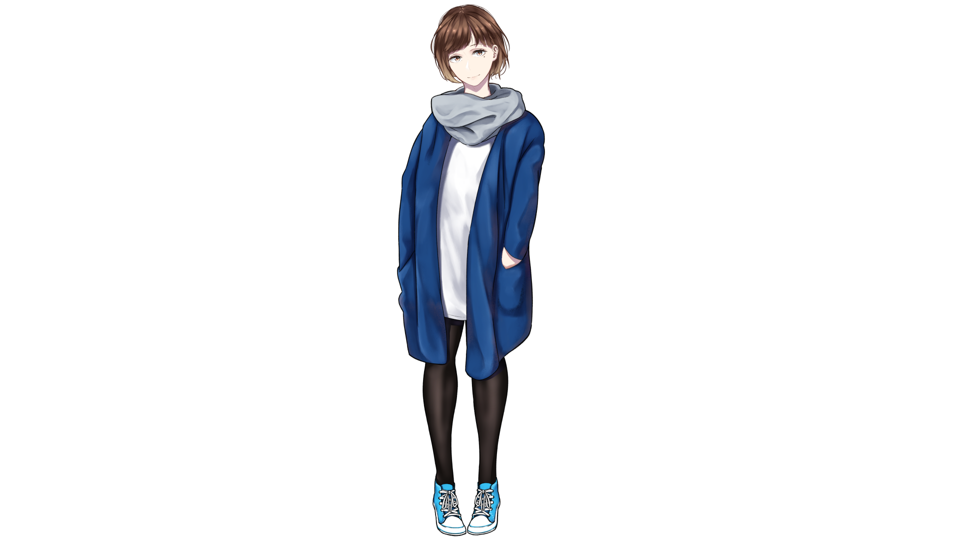 Anime-style original character with brown hair and brown eyes, wearing a blue coat, white shirt, black leggings, and sneakers, designed in 8K Ultra HD for PC desktop wallpaper.