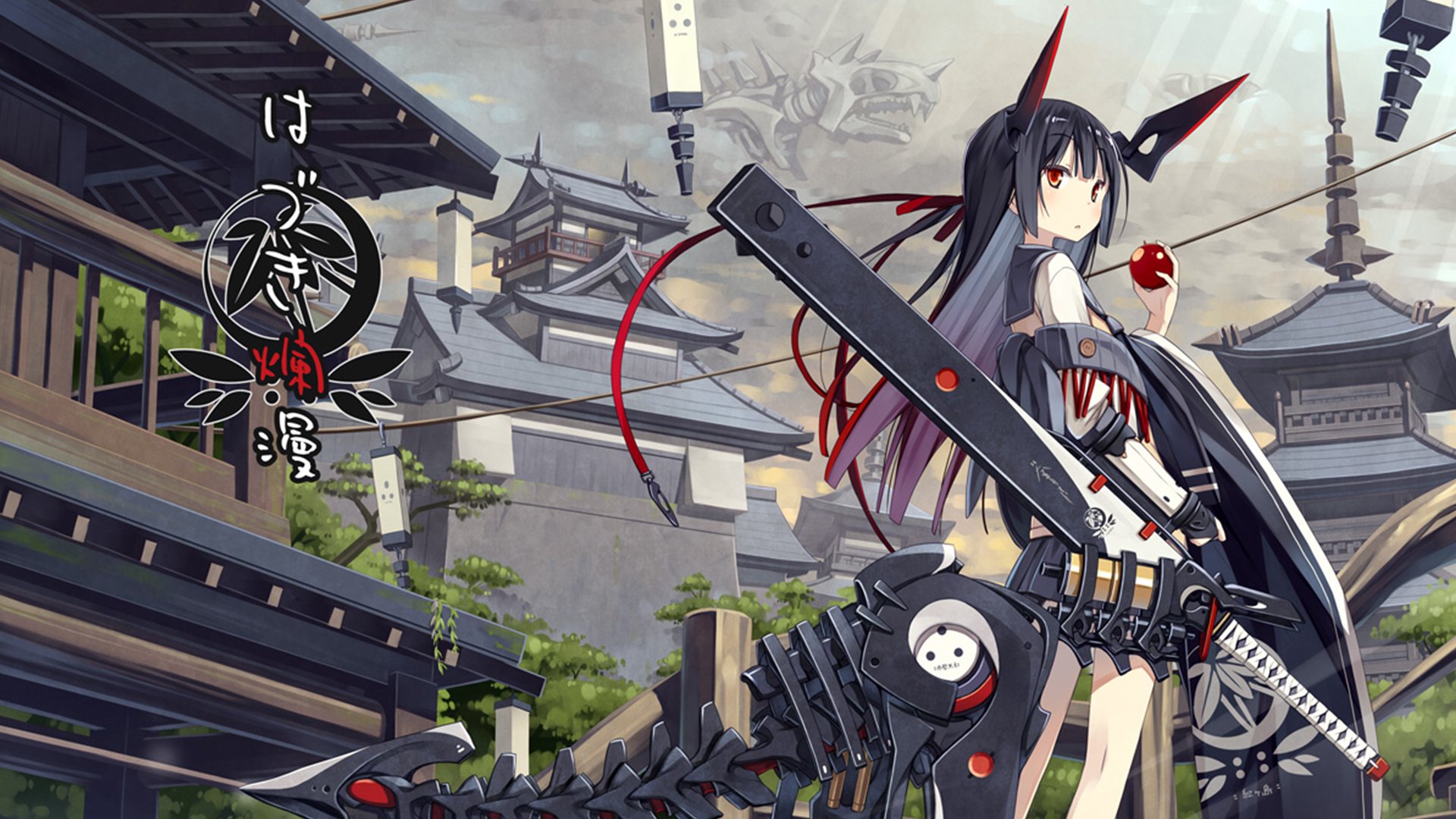 HD desktop wallpaper featuring an anime girl with dark hair and red accents, standing in a traditional Japanese setting with swords and temples in the background.