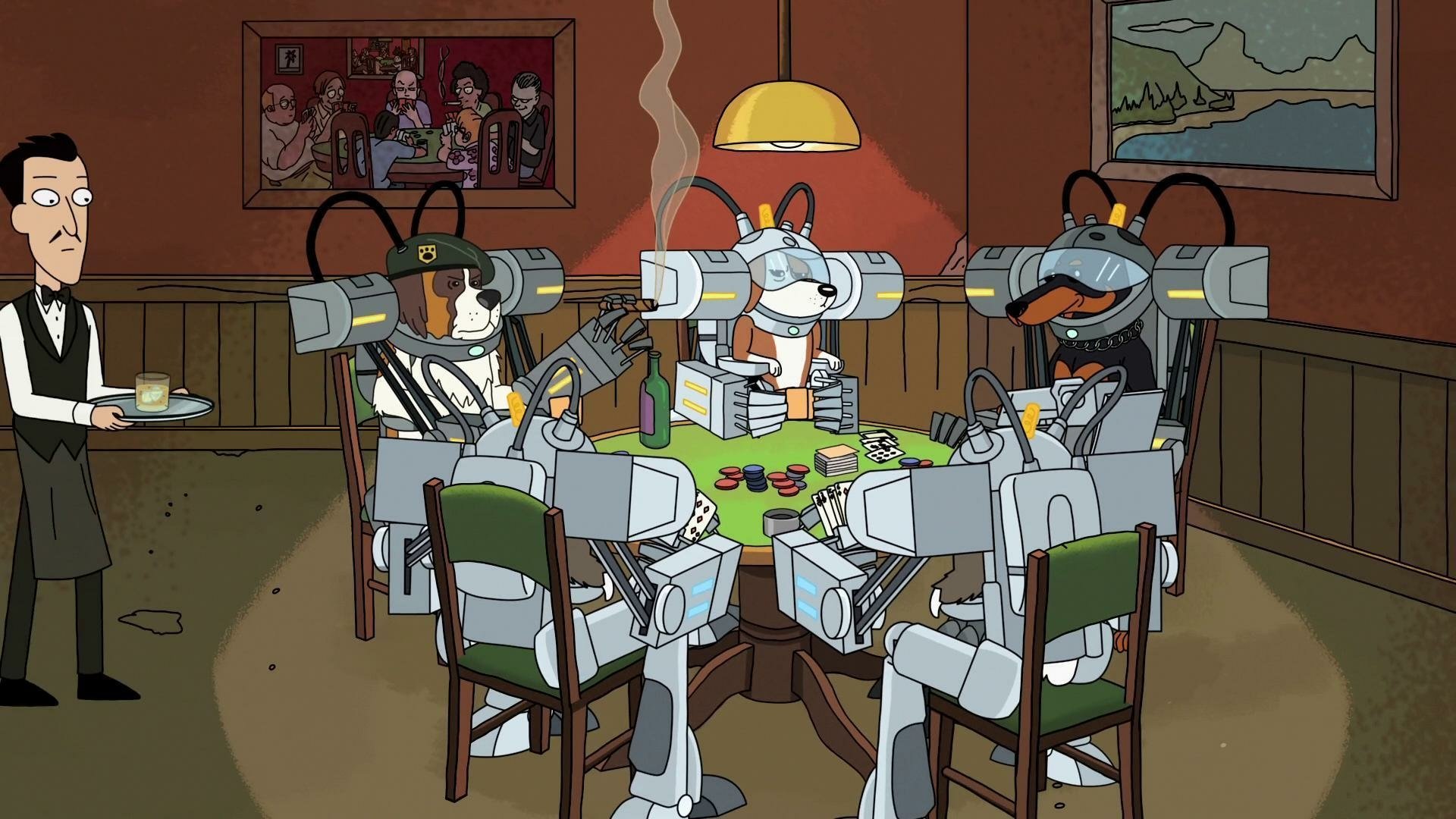 HD PC desktop wallpaper/background: Rick and Morty TV-show scene of robotic dogs smoking and playing poker around a table.