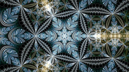 HD PC desktop wallpaper featuring an intricate abstract fractal pattern with symmetrical, icy blue and black designs accented by glowing light effects.