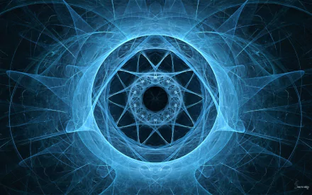 Abstract HD desktop wallpaper featuring a central blue sphere surrounded by intricate geometric shapes and patterns against a dark background.