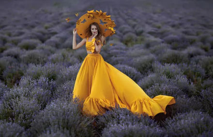 butterfly hat model yellow dress photography manipulation HD Desktop Wallpaper | Background Image