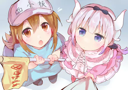HD desktop wallpaper featuring Kanna Kamui from Kobayashi-san Chi no Maid Dragon and Platelet from Cells at Work! in a cute crossover anime style.