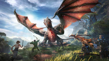 4K Ultra HD PC desktop wallpaper: dragon from the video game ARK Park — a red armored beast spreads its wings as armed explorers and siege weapons confront it in a lush mountain valley.