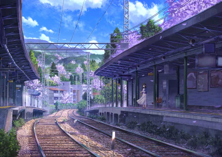 A serene anime train station scene with lush vegetation and vibrant pink blossoms under a clear blue sky, captured in HD as a desktop wallpaper background.