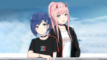 HD desktop wallpaper featuring Ichigo and Zero Two from the anime Darling in the FranXX, standing together against a serene sky backdrop.