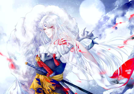 HD PC desktop wallpaper featuring Sesshōmaru from InuYasha in an anime style with flowing white hair and traditional attire against a cloudy sky background.