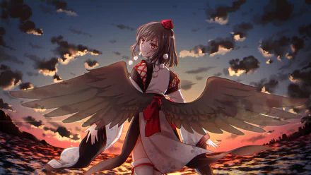 Aya Shameimaru from Touhou stands with outstretched wings against a dramatic sunset sky in this HD anime desktop wallpaper.