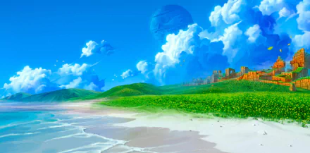 HD PC desktop wallpaper featuring the vibrant Emerald Hill zone from the Sonic the Hedgehog video game, showcasing lush greenery, blue skies, and ocean waves.