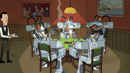 HD PC desktop wallpaper/background: Rick and Morty TV-show scene of robotic dogs smoking and playing poker around a table.