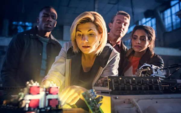 Jodie Whittaker as the Thirteenth Doctor with companions in a dimly lit industrial setting, from the TV show Doctor Who (2005), shown in 4K Ultra HD PC wallpaper quality.