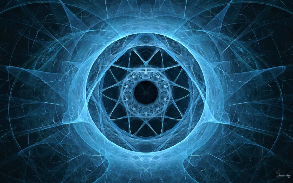 Abstract HD desktop wallpaper featuring a central blue sphere surrounded by intricate geometric shapes and patterns against a dark background.