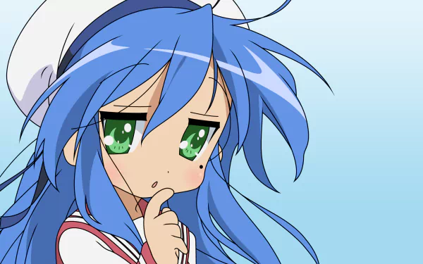 Konata Izumi from Lucky Star anime — close-up with blue hair and green eyes, thoughtful pose on a soft blue HD PC desktop wallpaper background.