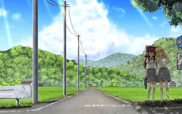 HD PC desktop wallpaper featuring Cirno, Reimu Hakurei, and Marisa Kirisame from Touhou standing by a rural road under a bright blue sky with lush green hills.
