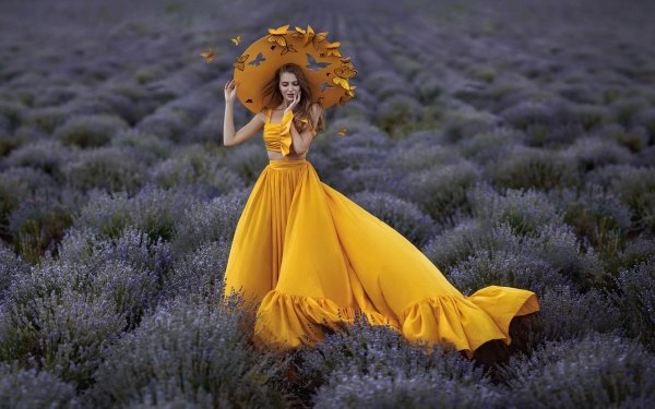 Photography Manipulation Yellow Dress Model Hat Butterfly HD Wallpaper | Background Image