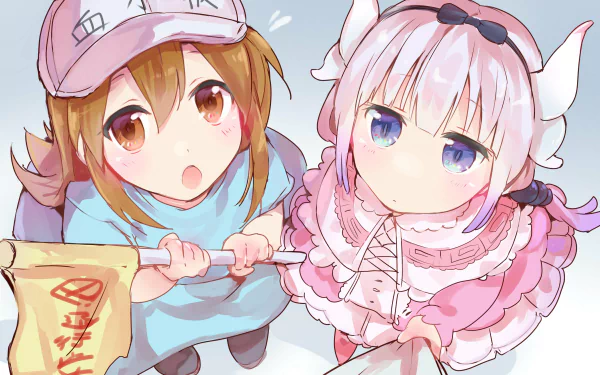 HD desktop wallpaper featuring Kanna Kamui from Kobayashi-san Chi no Maid Dragon and Platelet from Cells at Work! in a cute crossover anime style.