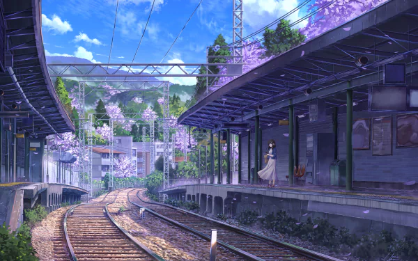 A serene anime train station scene with lush vegetation and vibrant pink blossoms under a clear blue sky, captured in HD as a desktop wallpaper background.