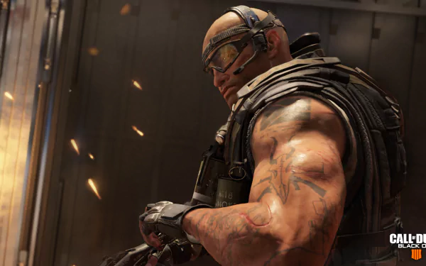HD desktop wallpaper featuring a muscular soldier from Call of Duty: Black Ops 4, amidst an action-packed scene with sparks flying.