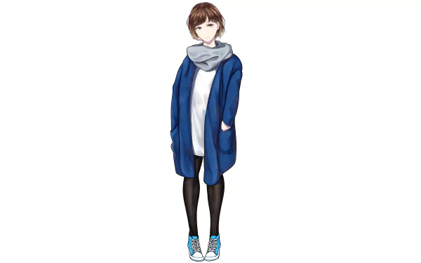 Anime-style original character with brown hair and brown eyes, wearing a blue coat, white shirt, black leggings, and sneakers, designed in 8K Ultra HD for PC desktop wallpaper.