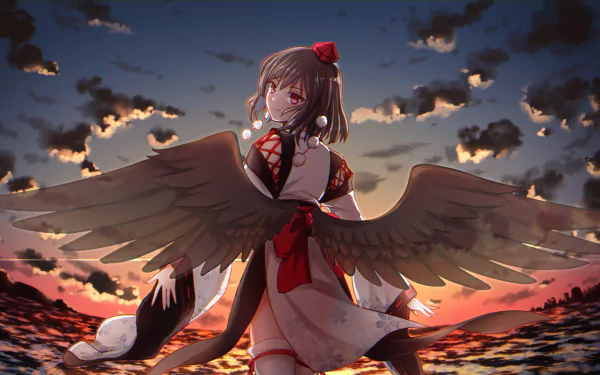 Aya Shameimaru from Touhou stands with outstretched wings against a dramatic sunset sky in this HD anime desktop wallpaper.