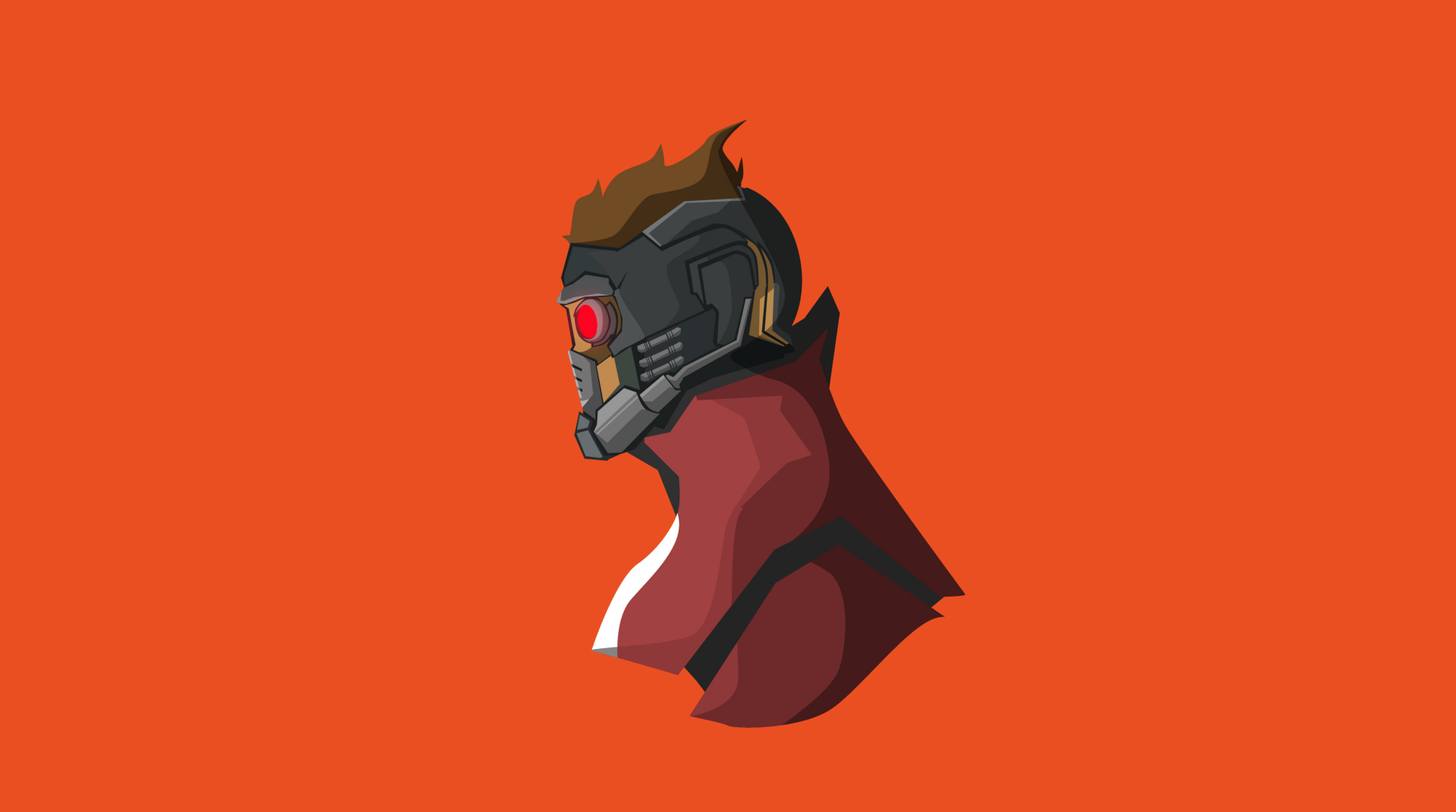 Stylized 4K Ultra HD PC desktop wallpaper of Star-Lord from the Guardians of the Galaxy movie, head-and-shoulders profile wearing his mask and red coat against a bold orange background.